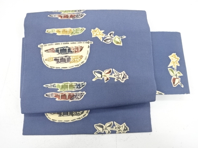 縮緬地　型染　魚に花模様　作り帯